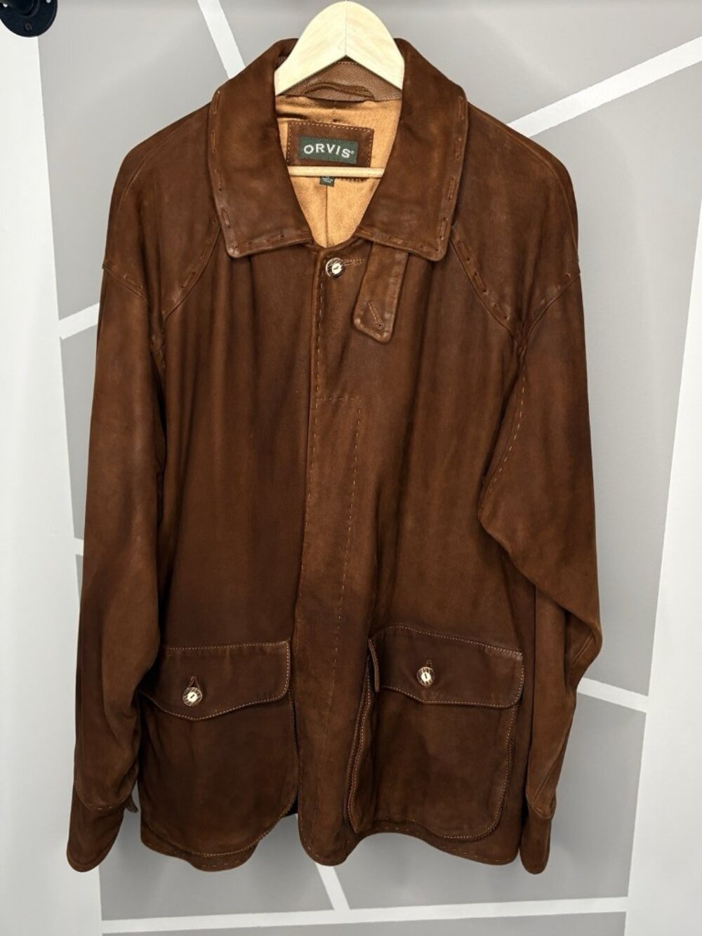 Vintage ORVIS Dark Brown Men’s XL Suede Pocket Full Button Jacket Leather Coat